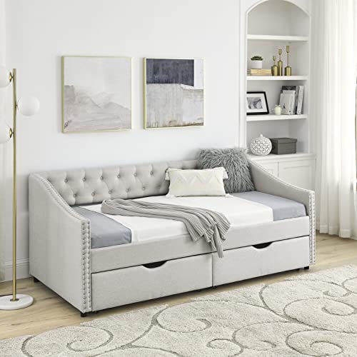 SmartDer Wood Twin Daybed with Storage Drawers, Upholstered Sofa Bed, Beige