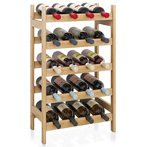 SMIBUY Bamboo Wine Rack, 20 Bottles Display Holder, 5-Tier Free Standing Storage Shelves for Kitchen, Pantry, Cellar, Bar (Natural)