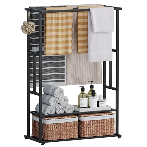 3 Tier Free Standing Towel Rack with Storage Shelf and Hooks