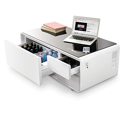 Sobro White Coffee Table with Built-in Fridge, Speakers, Outlets, LED Light