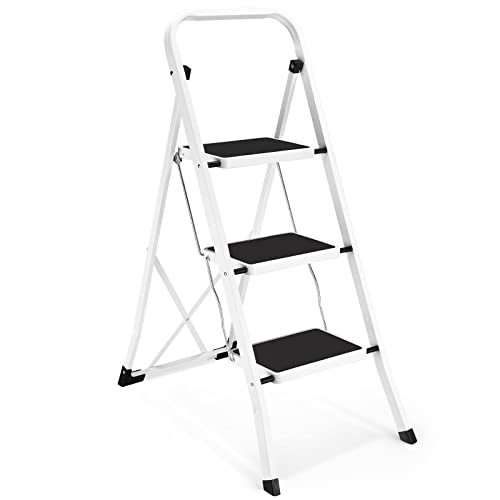 Soctone 3-Step Folding Steel Ladder with Handrails, 330 lbs Capacity