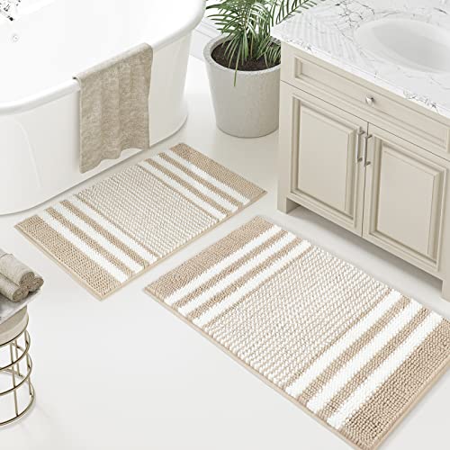 Soft and Absorbent Fluffy Striped Chenille Bath Mat Rug Set
