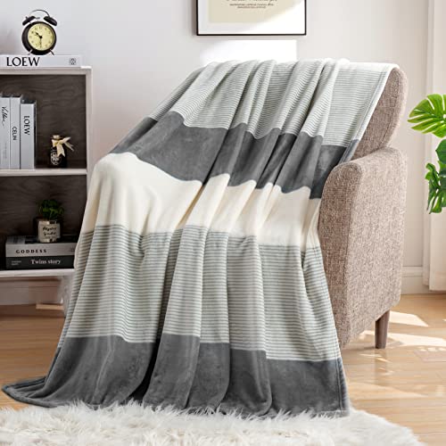 Soft Cozy Dark Gray White Striped Flannel Blankets for Sofa Bed Warm Lightweight