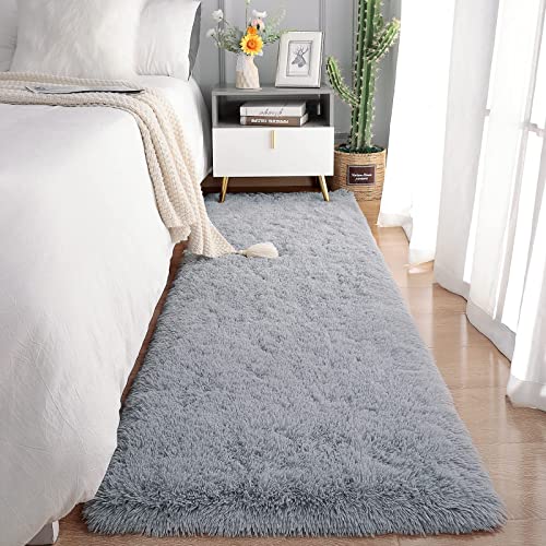 Soft Runner Rug for Bedroom Living Room, Shag Fluffy Area Rug Carpet, Non Shedding Grey Rug