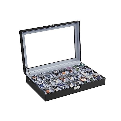 SONGMICS 24-Slot Watch Box with Glass Lid and Lockable Design