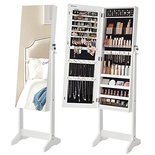 SONGMICS Freestanding Lockable Jewelry Armoire with Mirror, White