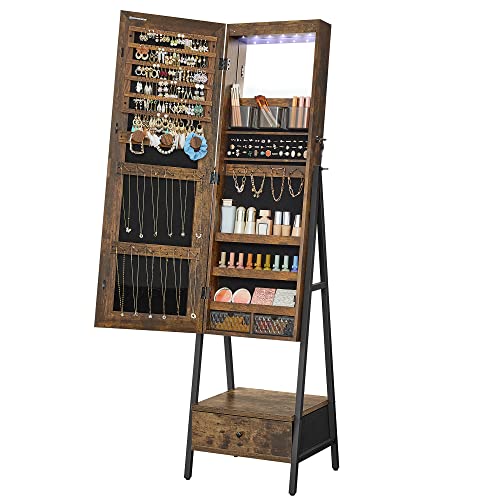 SONGMICS Rustic Brown LED Jewelry Armoire with Mirror and Drawer