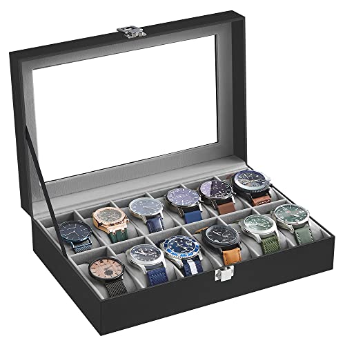 SONGMICS Watch Box - 12-Slot Watch Case with Large Glass Lid