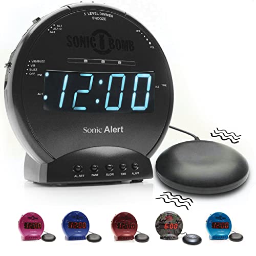 Sonic Alert Sonic Bomb Dual Alarm Clock with Bed Shaker, Black Vibrating Alarm Clock Heavy Sleepers, Battery Backup | Wake with a Shake