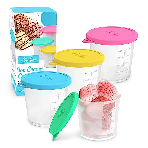 SOPHICO Medium Ice Cream Containers with Silicone Lids (4 Pack)