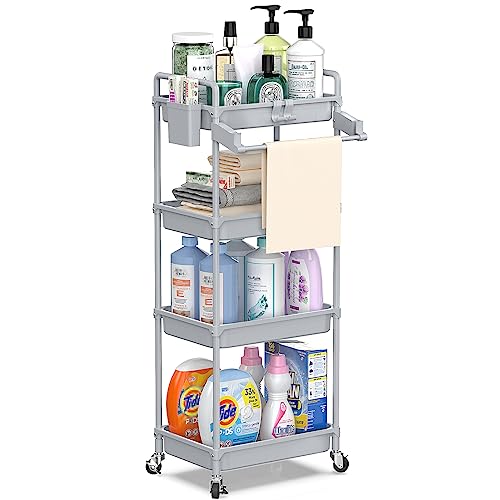 4-Tier Rolling Storage Cart with Towel Rack and Lockable Wheels, Grey