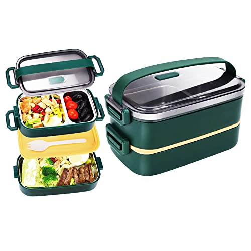 304 Stainless Steel Bento Box,Spillproof Leak-Proof Double Layer Lunch Box, Adult Kids Lunch Containers for Work School Picnics Camping Fits in Lunch  Bag and Backpack Three Grid 