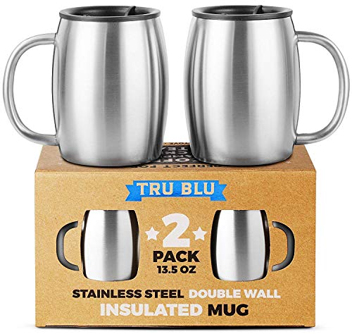 Tru Blu Steel Insulated Coffee Mugs - Set of 2, Shatterproof with BPA-Free Lids