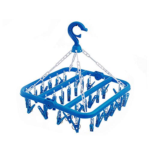 SteelFever Foldable Clip and Drip Hanger with 32 Clips - Plastic Hanging Drying Rack for Clothes Underwear Socks (Blue)