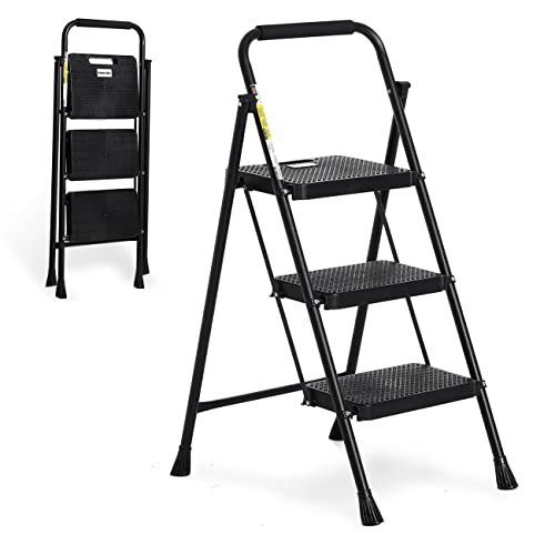 Portable 3-Step Folding Steel Ladder - 500lb Capacity