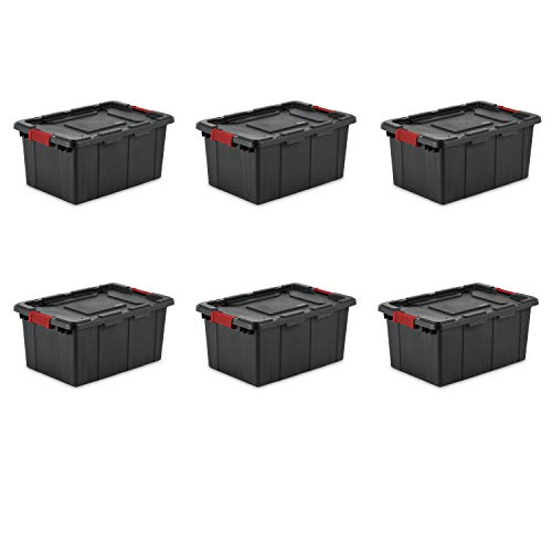 Sterilite 15 Gallon Industrial Tote, Black Lid & Base w/ Racer Red Latches, 6-Pack