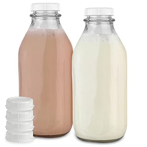 32-Oz Glass Milk Bottles with Lids - Food Grade, Dishwasher Safe - 2 Pack