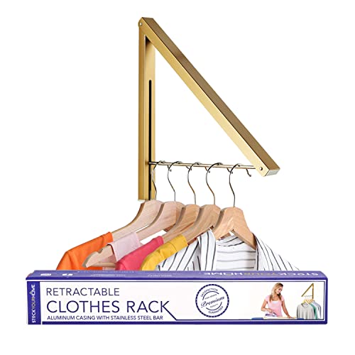 Stock Your Home Single Foldable Clothing Rack, Wall-Mounted Retractable Clothes Hanger for Laundry Dryer Room, Hanging Drying Rod, Small Collapsible Folding Garment Racks, Dorm Accessories (Gold)