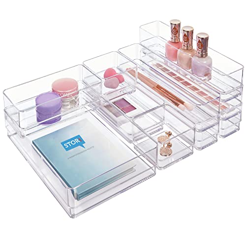 23 PCS Clear Plastic Drawer Organizers Set, CHEFSTORY 4-Size Versatile  Bathroom and Vanity Trays
