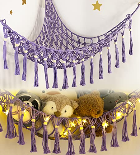 Stuffed Animal Net or Hammock with LED Light, Hooks and Boho Wall Corner Style in Purple