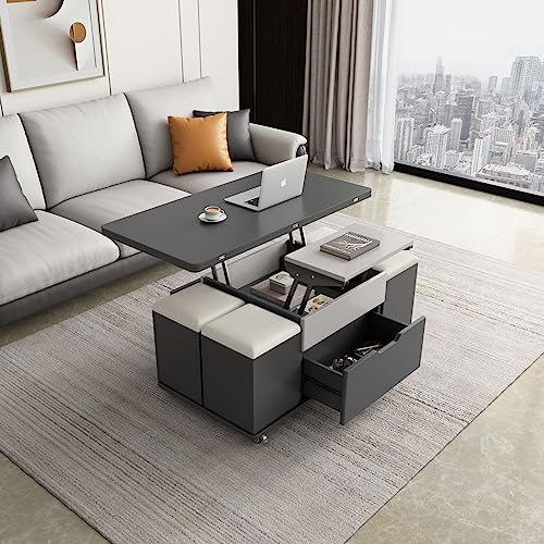 5 Piece Modern Coffee Table Stool Set with Folding Lift Dining Table - Dark Grey