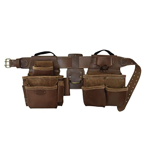 Pro Framer's Combo Tool Belt - 4 Piece, 17 Pockets, Full-Grain Leather, Dark Tan