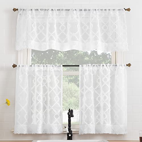 Stylish Clipped Semi-Sheer Kitchen Curtain Valance and Tiers Set