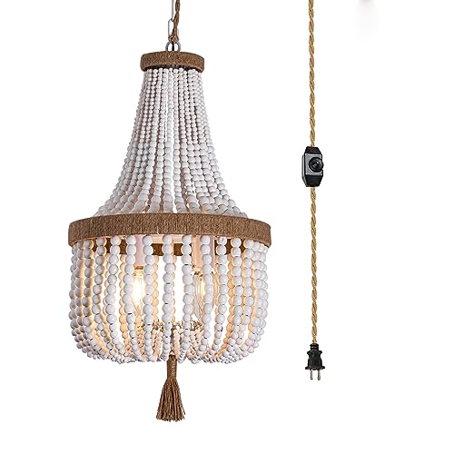 Stylish Wood Beaded Bohemian Chandelier - Adjustable Brightness and Easy Installation