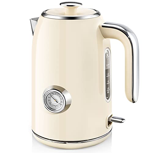 Hazel Quinn Retro Electric Kettle - 1.7 Liters / 57.5 Ounces Tea Kettle  with Thermometer, All Stainless Steel, Fast Boiling 1200 W, BPA-free