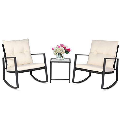SUNCROWN 3 Piece Black Wicker Bistro Set with Glass Coffee Table