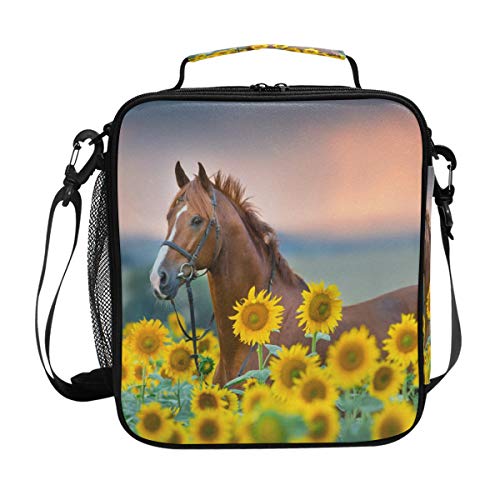 Sunflower Horse Lunch Box for Girls, Insulated Lunch Bag Kids Cooler Freezable Shoulder Strap for School Office