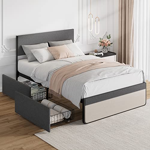 SunnyFurn Full Upholstered Platform Bed Frame with Storage Drawers