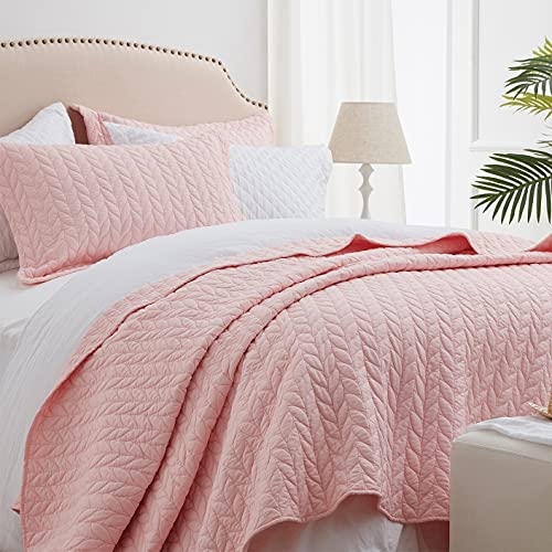SunStyle Home Pink Twin Quilt Set with Leaf Embroidered Design