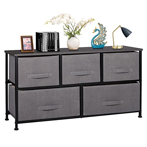 SUPER DEAL 5 Drawer Dresser for Bedroom Fabric Chest of Drawers for Closet Wide Clothes Storage Organizer with Heavy Duty Steel Frame and Wood Top, Grey