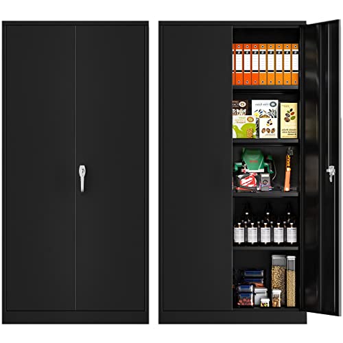 Superday Locking Metal Storage Cabinets, 71" Lockable Steel Storage Cabinet, Tall Black Cabinet with 2 Doors and 4 Adjustable Shelves