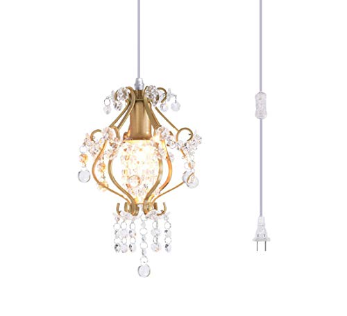 Surpars House Elegant Mini Chandelier Plug in Crystal Pendant Light,Golden