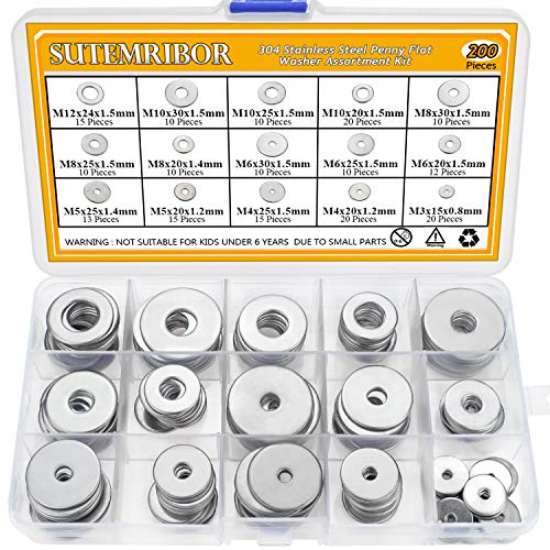 Sutemribor 304 Stainless Steel Large Fender Washer Set, 200 Pieces - 15 Sizes