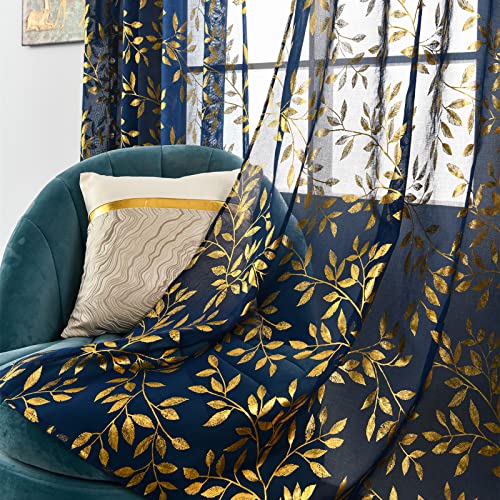 Sutuo Home Navy Blue Gold Foil Printed Sheer Curtains, 52" W x 84" L