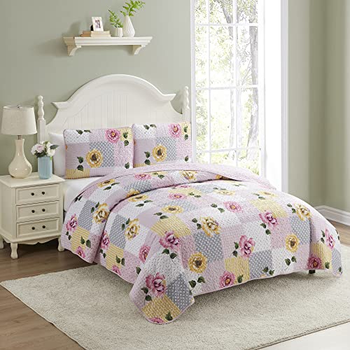 Sweet Home Collection Quilt King Size Embroidered Oversized Soft and Luxurious Patch Quilt Set with Shams, King, Floral Patchwork