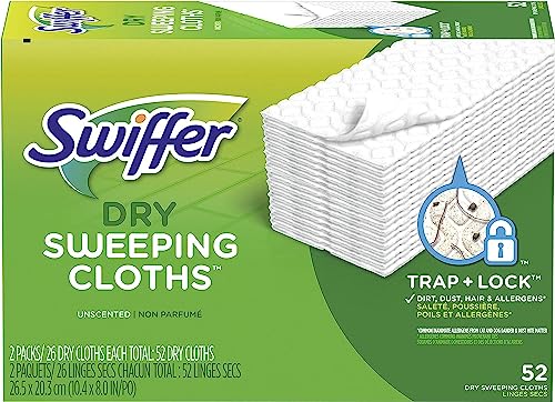 Swiffer Sweeper Dry Mop Refills for Floor Mopping and Cleaning, All Purpose Floor Cleaning Product, Unscented, 52 Count (Packaging May Vary)