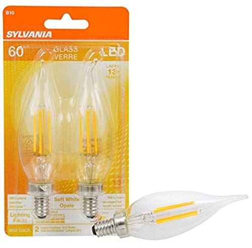 SYLVANIA B10 LED Light Bulb, 60W Equivalent Efficient 5W, 13 Year, Bent Tip, Candelabra Base, 500 Lumens, 2700K, Soft White, Clear - 2 Pack (79766)