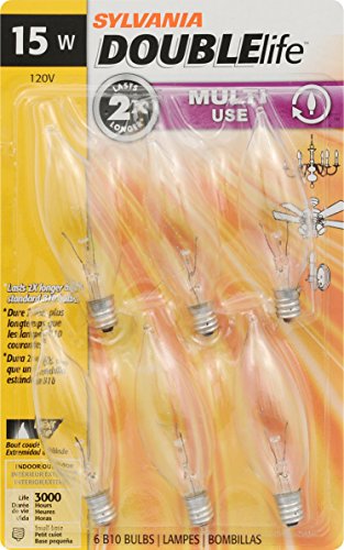 SYLVANIA Double Life Incandescent Light Bulb, B10, 15W, Candelabra Base - 6 Pack