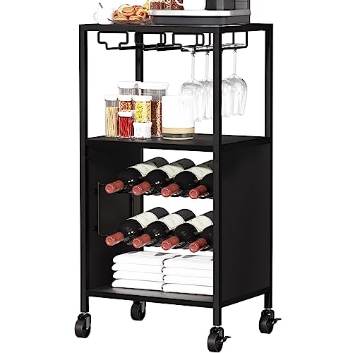 Small Black Wine Cart with Glass Holder and Wheels