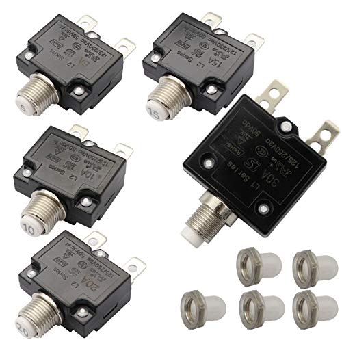 T Tocas 5pcs Push Button Reset 5A 10A 15A 20A 30A Circuit Breakers with Quick Connect Terminals and Waterproof Button Cap