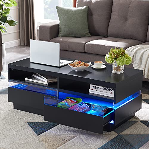 Modern LED Coffee Table with Storage Drawers, Power Strip - Solid Black