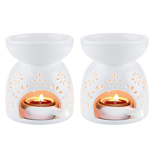 T4U Ceramic Tealight Candle Holder Oil Burner, Essential Oil Incense Aroma Diffuser Furnace Home Decoration Romantic White Set of 2 - Floral Pattern