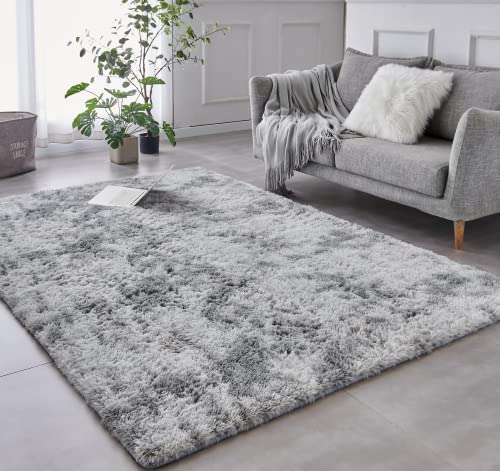 TABAYON Shag Area Rug, 4' x 6' Tie-Dyed Light Grey Indoor Ultra Soft Plush Rugs for Living Room, Non-Skid Nursery Faux Fur Rugs for Kids Room Home Décor
