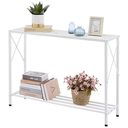 White Industrial Narrow Console Table with Shelves