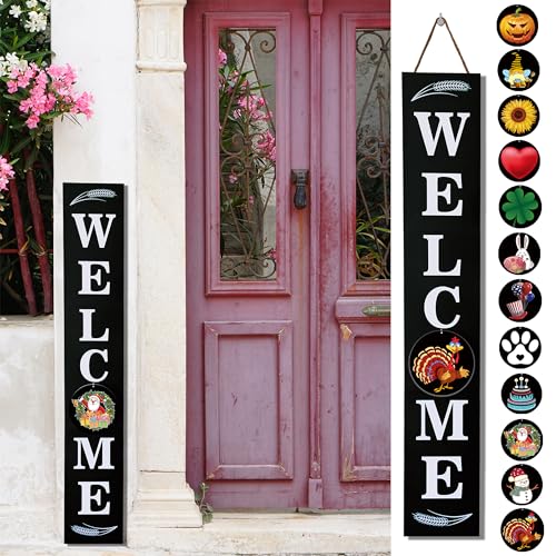 Tall Wooden Welcome Sign with Seasonal Interchangeable Icons