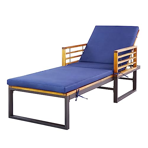 Acacia Wood Outdoor Chaise Recliner with Adjustable Backrest, Navy